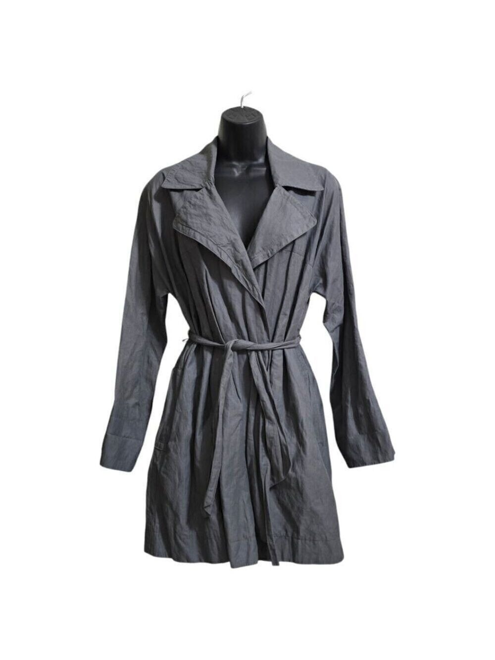 J. Jill Gray Metallic Wing Collar Wrap Waist Tie Trench Coat Sz XSP